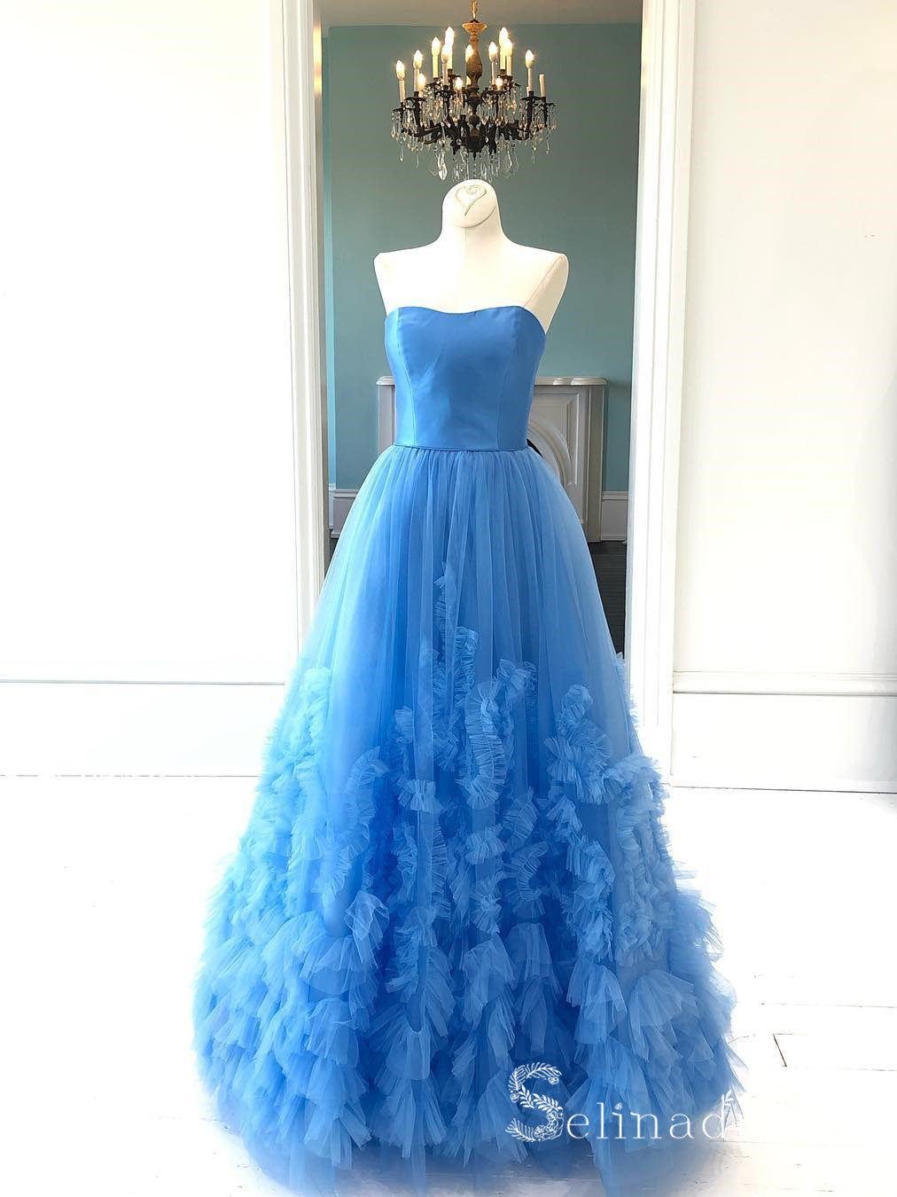 Chic Lace Up Blue Tulle Simple A Line Princess Prom Dresses